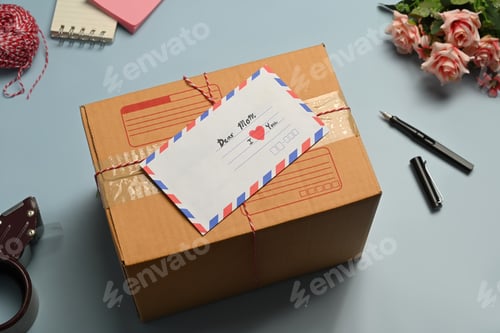 Preview: Cardboard box, correspondence envelope, tape and clews of rope on blue background.