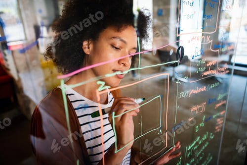 Preview: Portrait of african american female IT developer, programmer, designer working with programming code