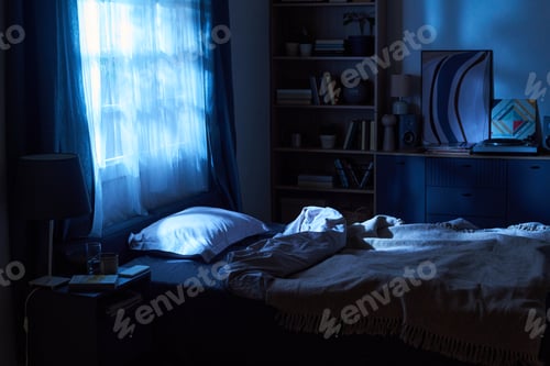 Preview: Empty Bed in Dark Bedroom Illuminated by Moonlight through Window at Night