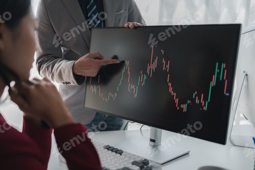 Preview: Two investors look at stock insights to analyze risk, stock investing businessman analyzing stock ma