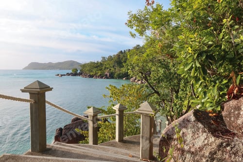 Preview: Trail on the seascape. View on tropical landscape with granite stones in the bay. Seychelles.