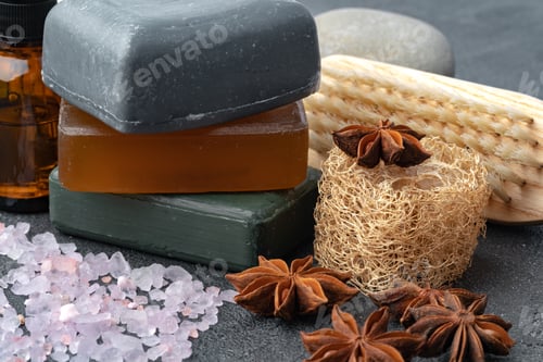 Preview: Bar of soap and foot brush on dark gray surface