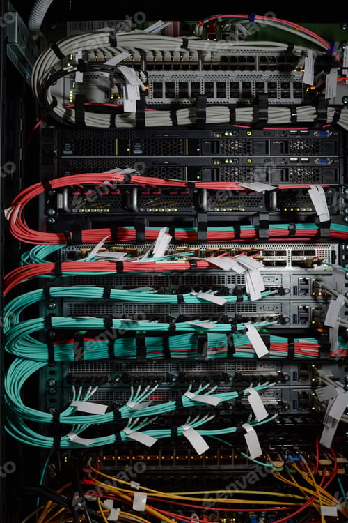 Preview: Network Server Rack Displaying Data Cables and Hardware Equipment Operating