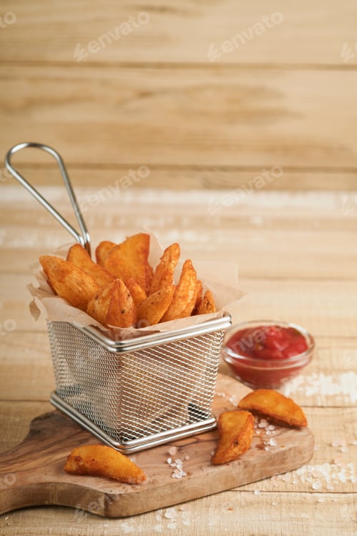 Preview: French fries in metal wire basket with salt and ketchup on old wooden light background clous up. Fri