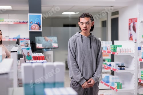 Preview: Asian young man looking at medicine boxes