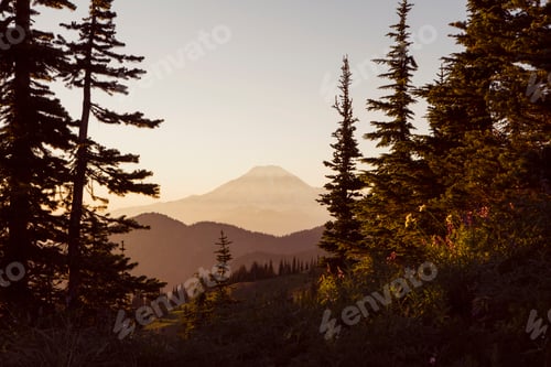 Preview: View of Mount Hood and the Cascade mountain range at dusk.