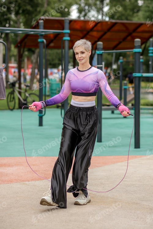 Preview: An elderly woman in sportswear jumps rope on a sports ground, outdoors. Exercises with equipment
