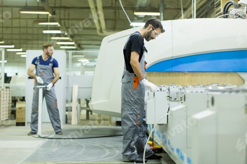 Preview: Young male workers work in a factory for the production of furniture