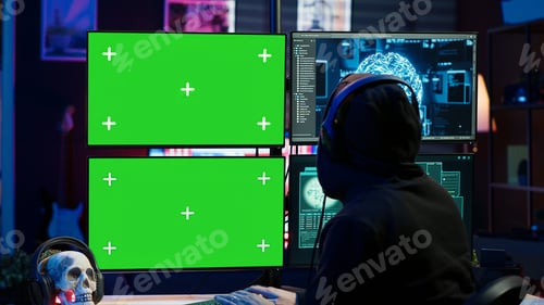 Preview: Rogue developer working on green screen computer using artificial intelligence