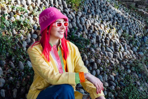 Preview: Urban spring street fashion look. Vanilla Girl. Kawaii vibes. Candy colors design. Bucket hat trends