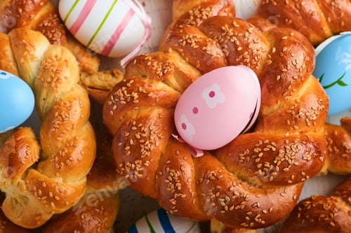 Preview: Spanish Easter cake. Traditional mona de pascua typical in Spain with boiled eggs eaten inside on wh