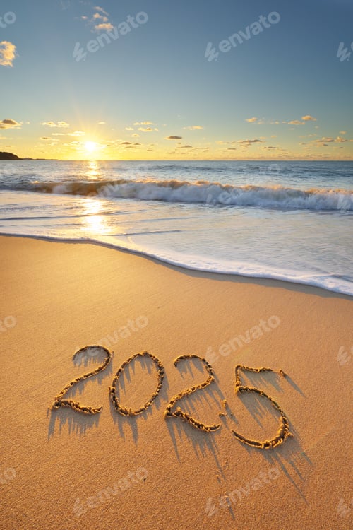 Preview: 2025 year text symbol written on the sea shore