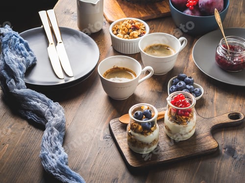 Preview: Cozy Breakfast food concept dark wooden background