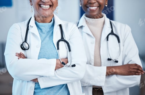 Preview: Black women, doctors and healthcare workers with happiness and solidarity in a hospital. Medical ca