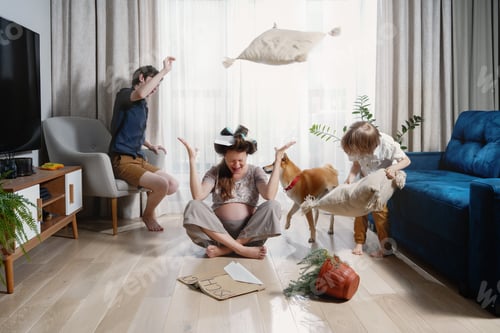 Preview: Two boys engage in pillow fight while their mother trying to keep calm in middle of family chaos
