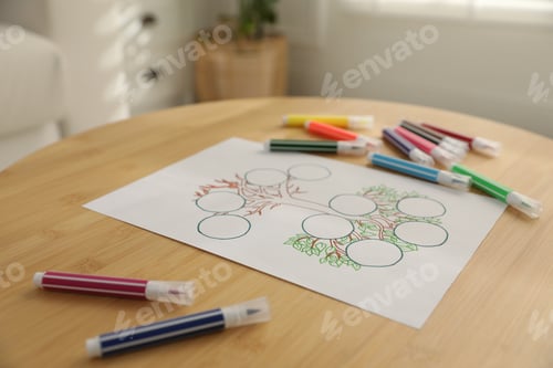 Preview: Family tree and felt tip pens on wooden table