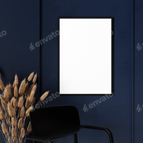 Preview: Frame mockup in modern living room interior background with dark blue wall, 3d render