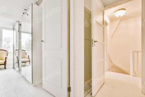 Preview: Doorway of modern apartment with white walls and parquet floor
