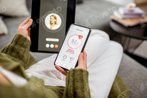 Preview: Woman calling a doctor from home. Online medicine concept