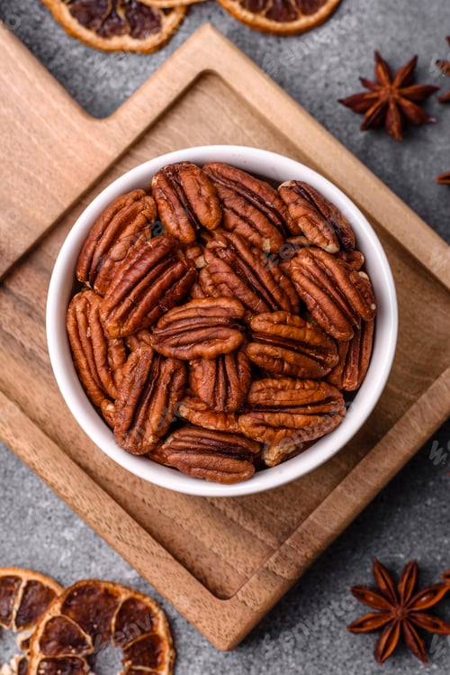 Preview: Peeled and roasted pecan nut as an ingredient for healthy food. Pecan nut as a food background