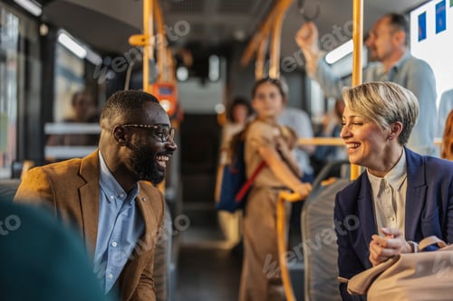 Preview: Professionals Laughing Together on Public Transit
