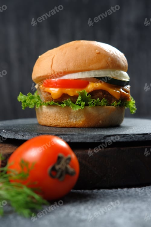 Preview: tasty burger on dark background
