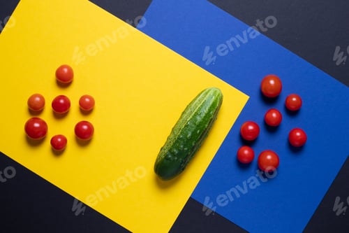 Preview: Creative of colorful tomato and cucumber, Creative foods. Black and yellow background for design