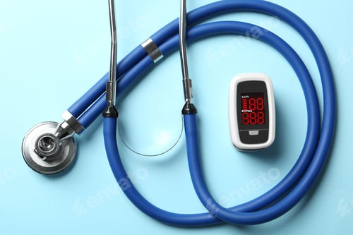 Preview: Modern fingertip pulse oximeter and stethoscope on light blue background, flat lay