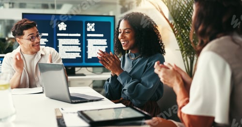 Preview: Happy, business people and applause with laptop for good news, congratulations or promotion at offi