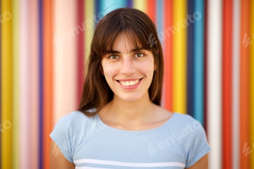 Preview: Close up front portrait smiling young woman against colorful background