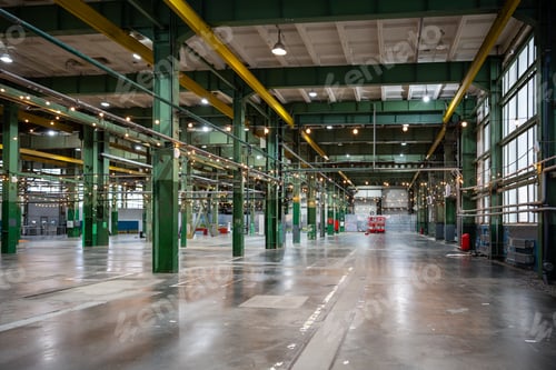 Preview: Interior of empty large industrial factory for metalwork. Heavy production, plant storage, workhouse