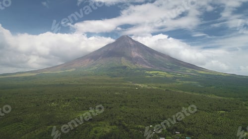 Preview: Closeup Philippines volcano haze eruption aerial. Green grass landmark of Mayon mountain