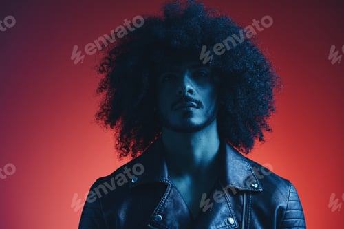 Preview: Portrait of fashion man with curly hair on red background multinational, colored light, black