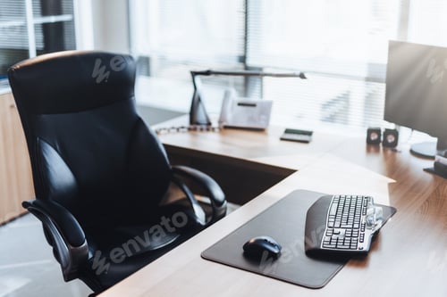 Preview: Workplace of businessman: computer, wooden table and chair in cabinet. Office style