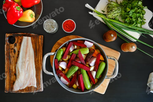 Preview: Top view of fresh baby vegetables and raw hake fillet ready for baking