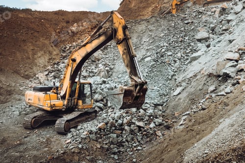 Preview: Industrial track type excavator digging at a quarry or a construction site, machinery details