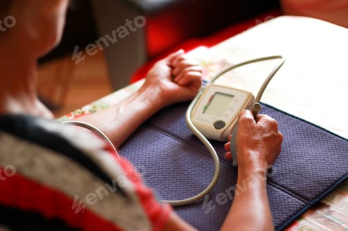 Preview: elderly woman suffering from hypertension measures her blood pressure using an electronic monitor