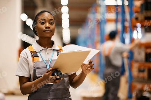 Preview: Black female dispatcher going through paperwork at industrial warehouse.