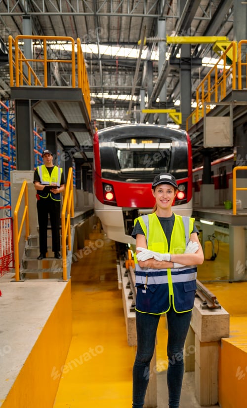 Preview: Vertical image of professional engineer or technician worker woman stand with arm-crossed in front