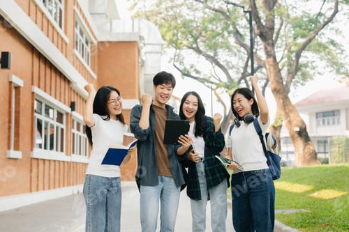 Preview: Young Asian college students and a female student group work at the campus park