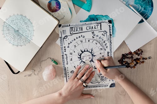 Preview: Top View of astrologer painting birth chart by crystals and watercolor drawings on cards on table