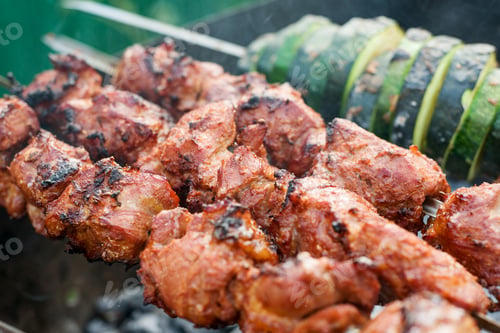 Preview: Grilling meat outdoors, kebab, barbecue, marinated vegetable