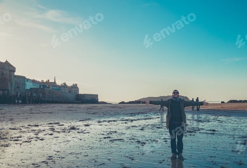 Preview: Happy Tourist Take Photo With Cityscape Of Saint Malo, Brittany, France