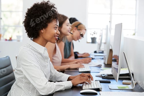 Preview: Young black woman working at computer in office with headset