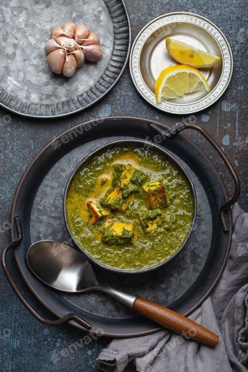 Preview: Indian dish Palak Paneer in bowl on rustic stone table