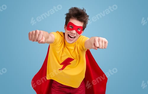 Preview: Comic superhero flying in studio