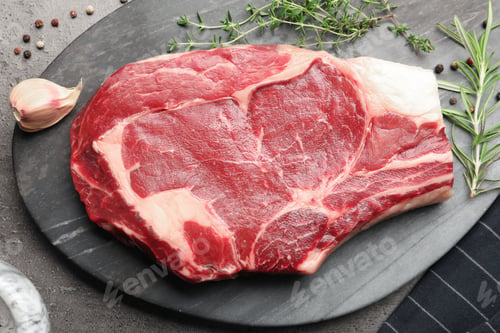 Preview: Piece of raw beef meat and spices on grey table, top view