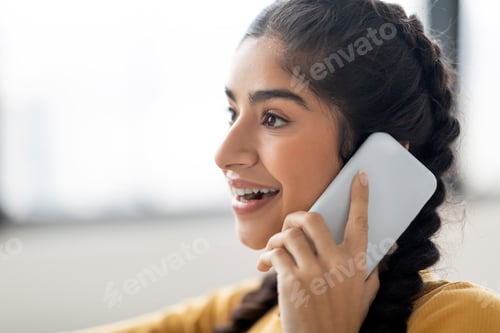 Preview: Phone Call. Closeup Of Young Indian Woman Having Mobile Conversation On Cellphone