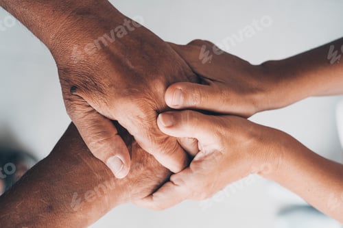 Preview: Close up middle aged mommys wrinkled hands holding young daughters, millennial woman