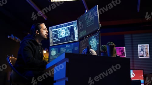 Preview: Scammer in apartment doing fraud using AI, close up